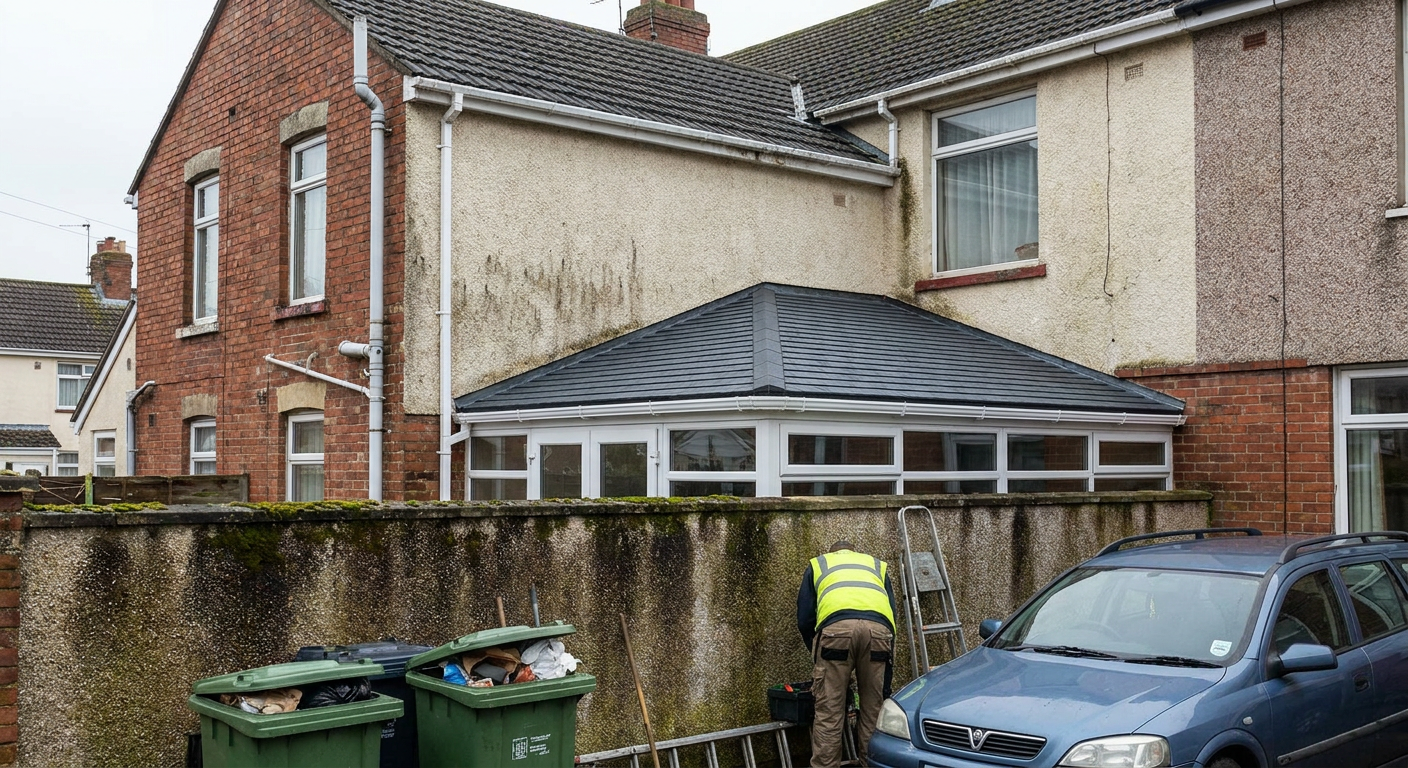 A worker in hi-vis finishing a new dark tiled conservatory roof on a UK terraced house.