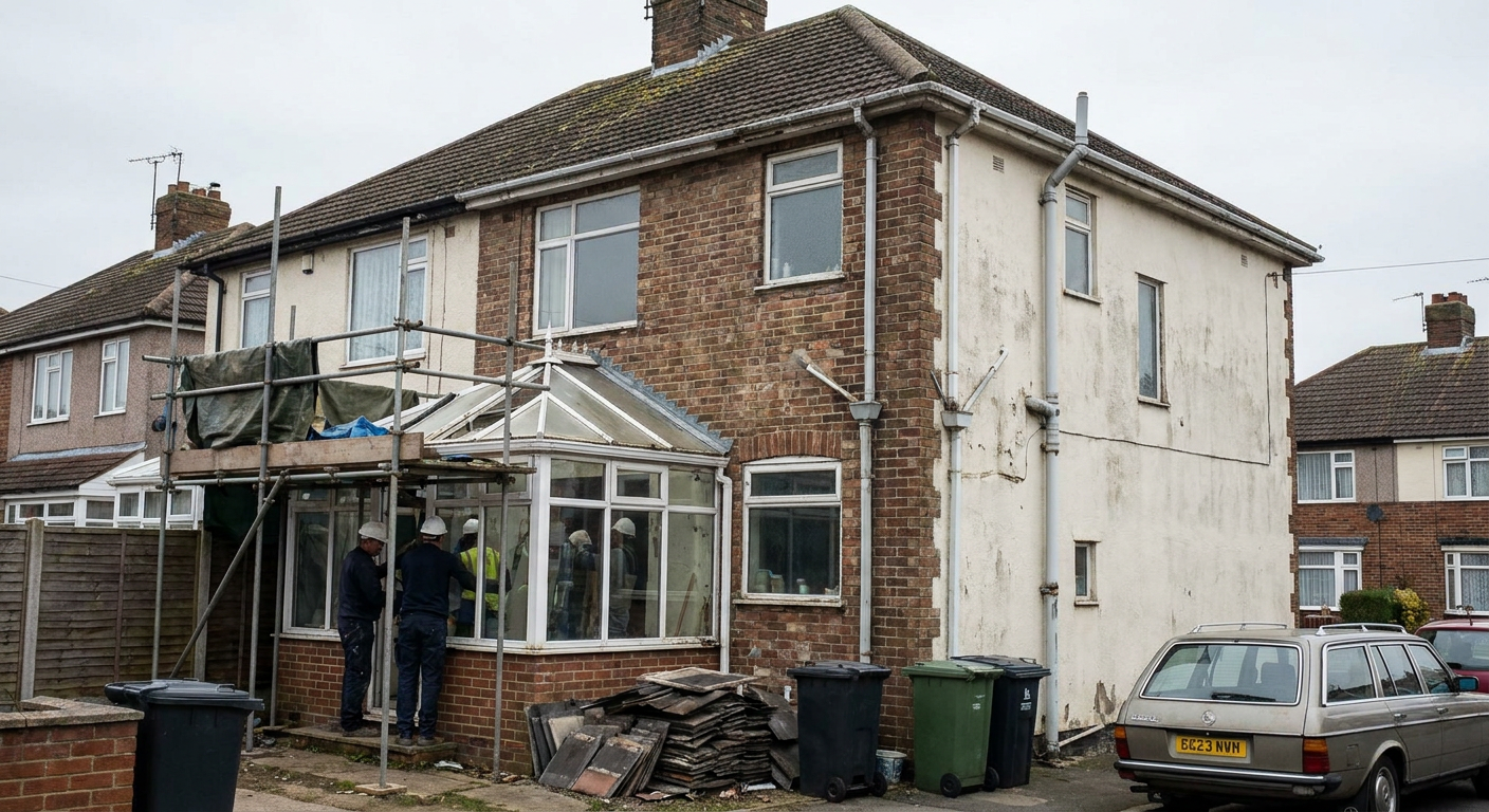 Workers with scaffolding renovating a conservatory on a shabby semi-detached house