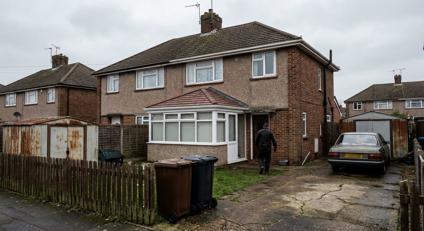 Semi-detached house with a reddish tiled conservatory roof and a man walking by