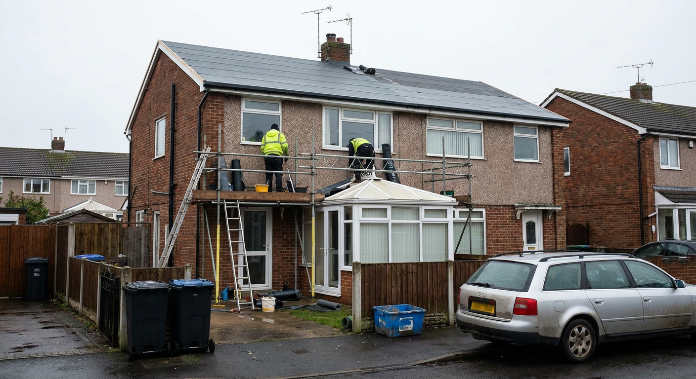 Workers on scaffolding fitting a new tiled roof above a UK conservatory extension.