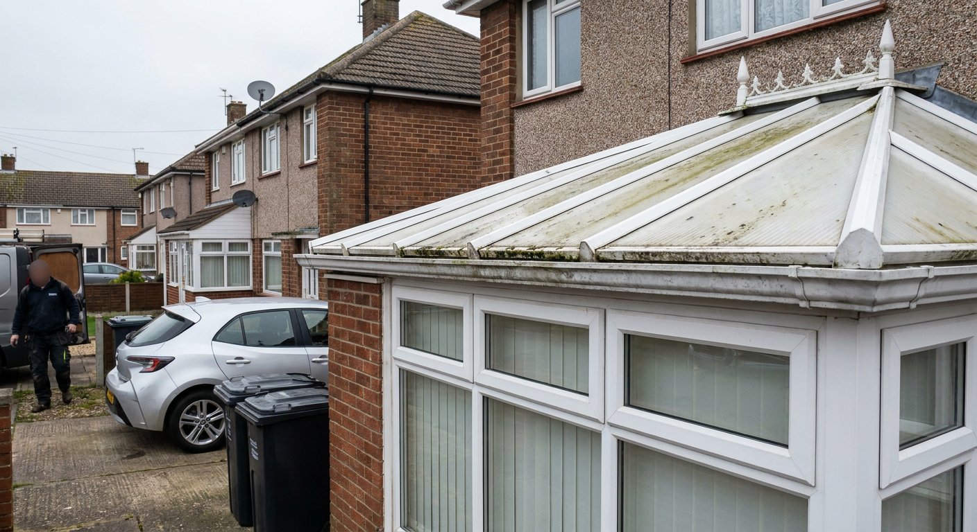 Grimy old conservatory roof on a semi-detached house with a parked van and bins