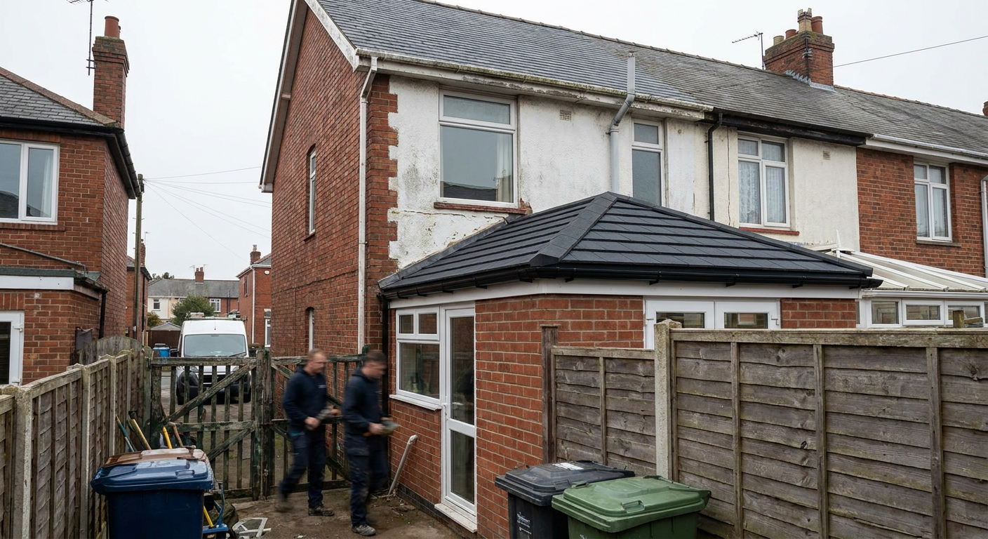 Workers carrying materials beside a newly tiled conservatory roof on a UK terrace house.