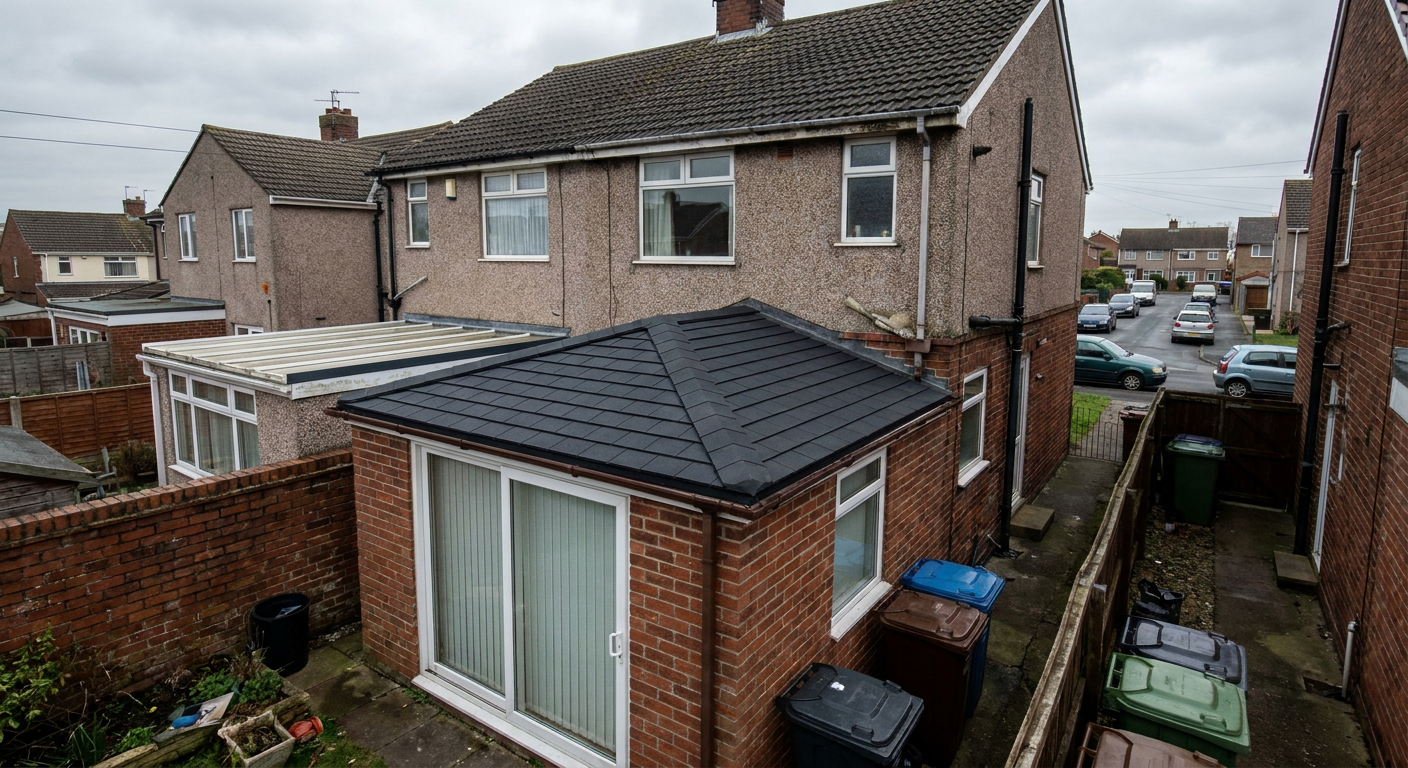 Semi-detached house with a new dark tiled conservatory roof replacing an old glass one
