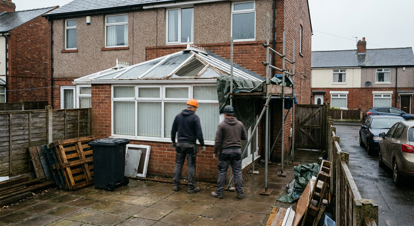Two workers inspecting an old conservatory roof with scaffolding beside a brick house