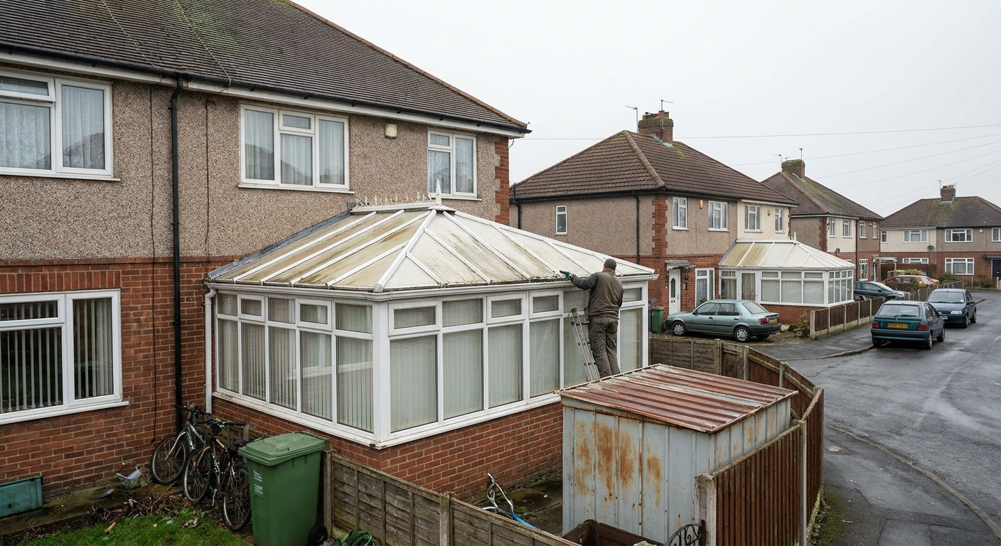 Workman on a ladder cleaning a conservatory roof on a UK street
