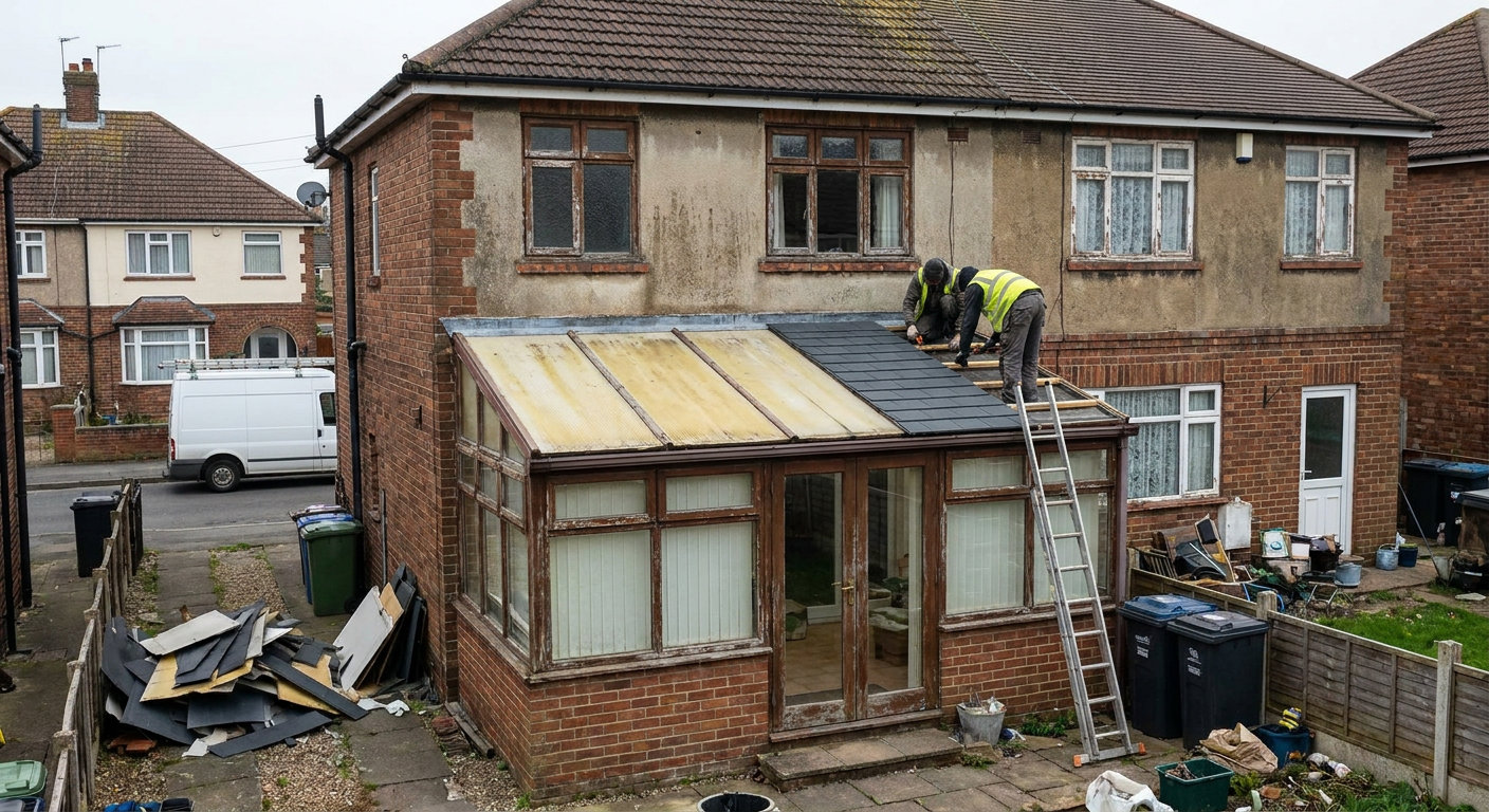 Workers fitting a new roof on a run-down conservatory attached to a weathered semi-detached house