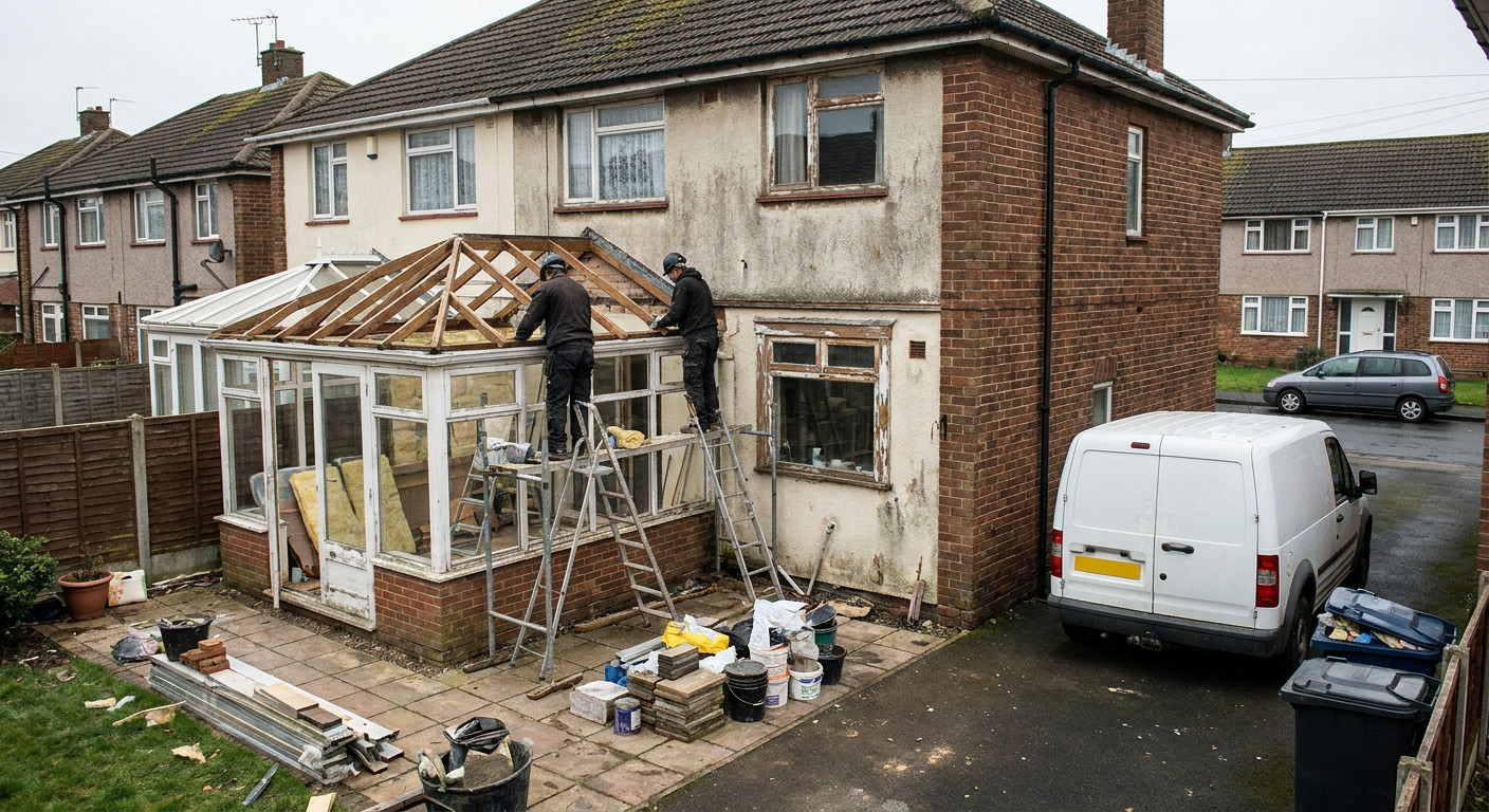 Two workers removing an old conservatory roof frame on a UK house.